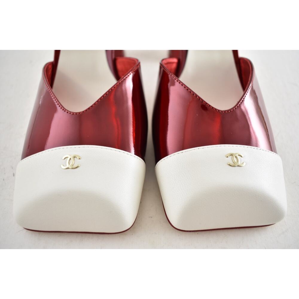 Chanel 26S Blazy Red White Square Toe Sling CC Logo Slingback Block Heel Pump 38 - Picture 11 of 16